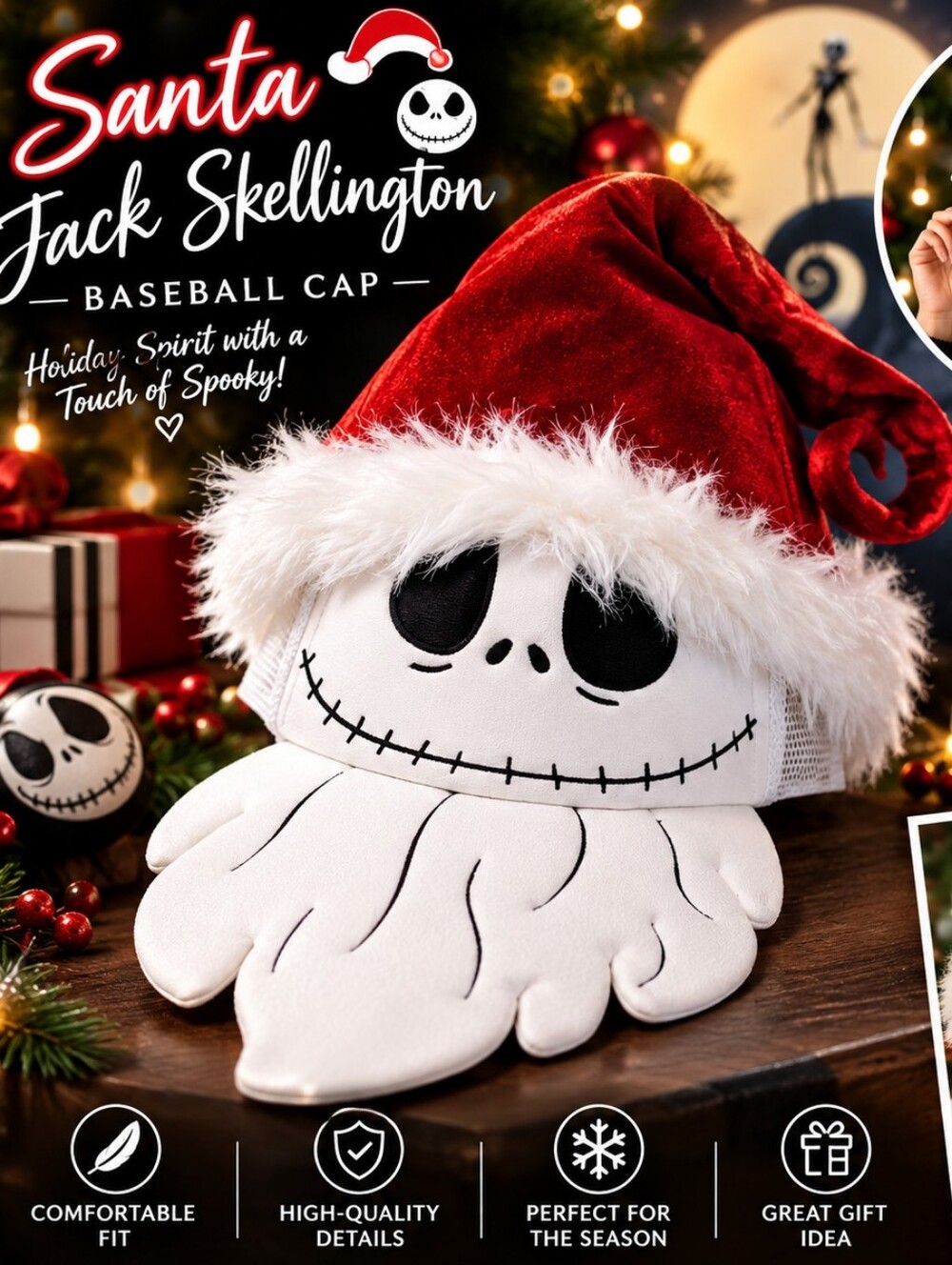 Disney Jack Skellington Plush Velvet Red Curled Santa Hat Halloween/Christmas